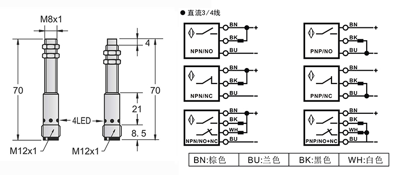 M8-M12-70mm圓柱標(biāo)準(zhǔn)型接近開關(guān)接頭式