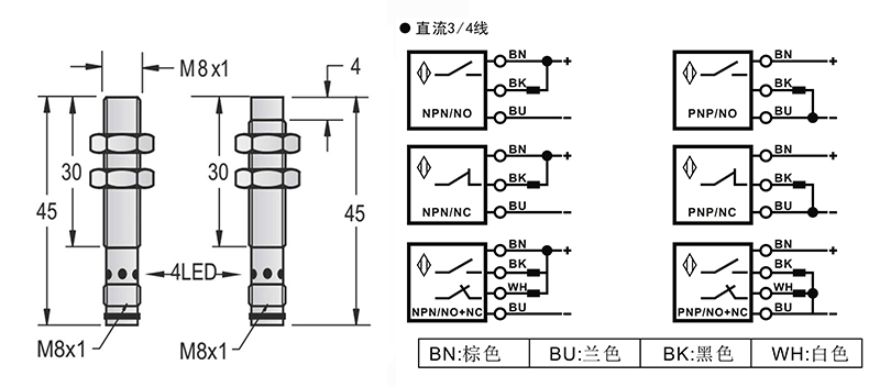 M8-M8-45mm圓柱標準型接近開關接頭式