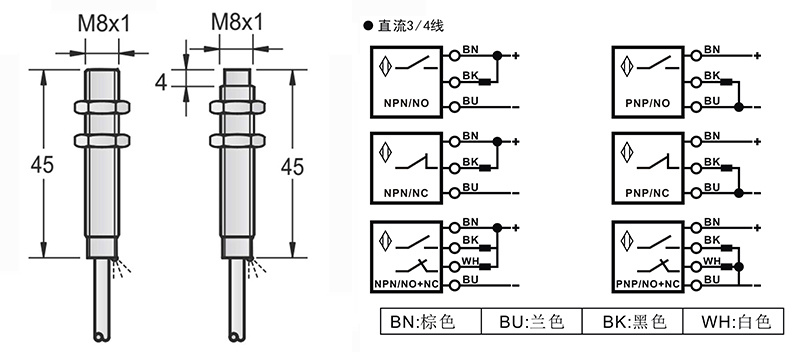 M8-45mm圓柱標(biāo)準(zhǔn)型接近開關(guān)出線式