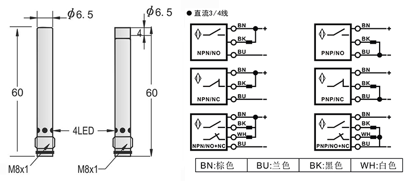 6.5-M8 60mm圓柱標(biāo)準(zhǔn)型接近開關(guān)出線式